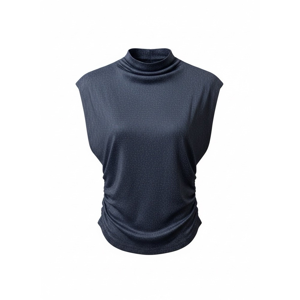 Michael Stars Ribbed Power Shoulder Mock Neck Top XS blue gray mini sparkle